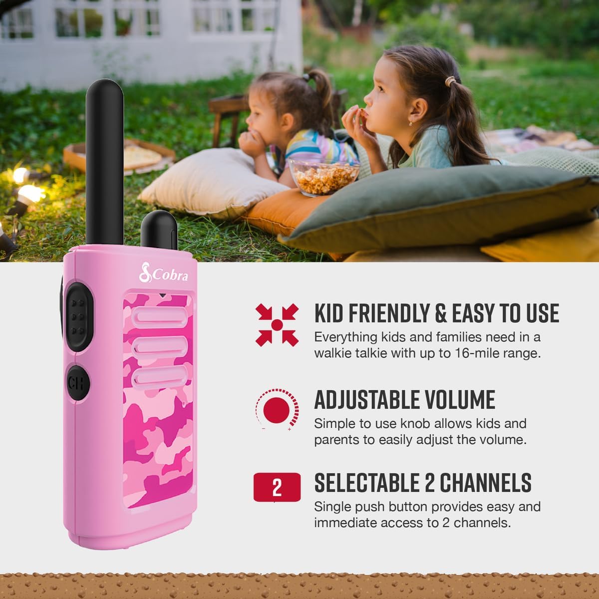 Cobra HE150 P - Kid Friendly Walkie Talkies - 16-Mile Range, 2 Channels Two-Way Radio Set, Pink, (2-Pack) - Image 3