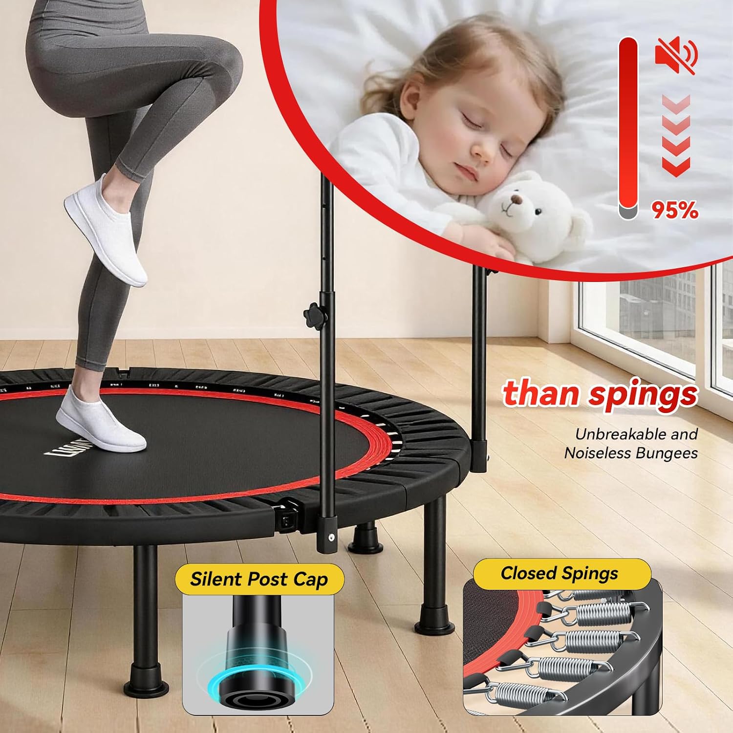Trampoline, Portable Foldable Trampoline in-Home Mini Rebounder with Adjustable Handle, Exercise Trampoline for Adults, 40" Max Load 330lbs - Image 7