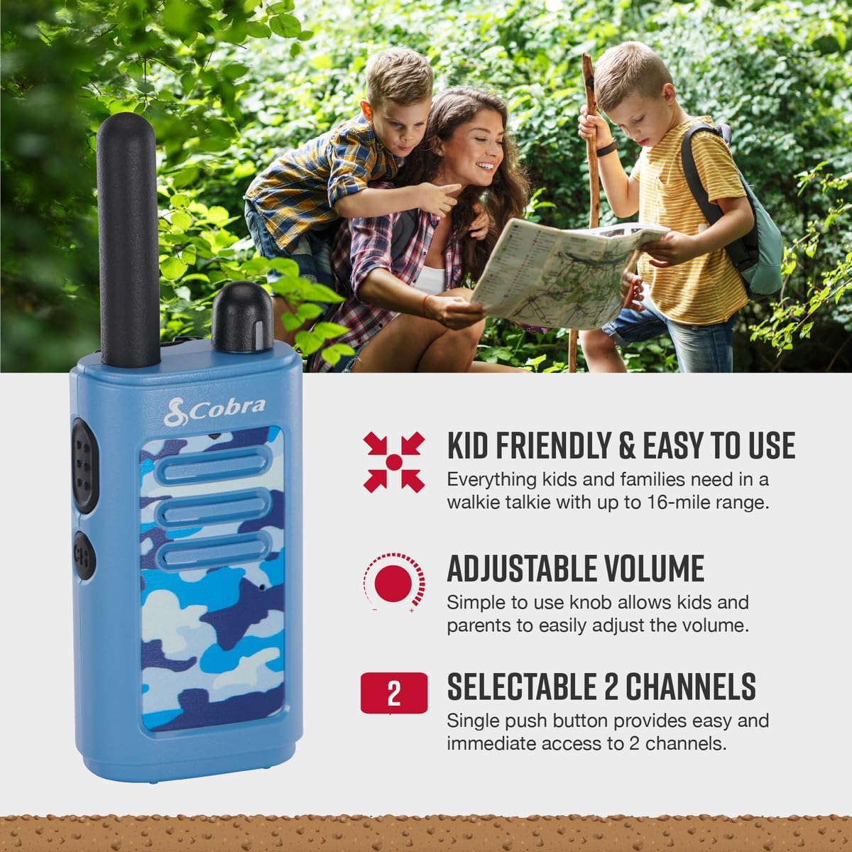 Cobra HE150 B - Kid Friendly Walkie Talkies - 16-Mile Range, 2 Channels Two-Way Radio Set, Blue (2-Pack) - Image 3