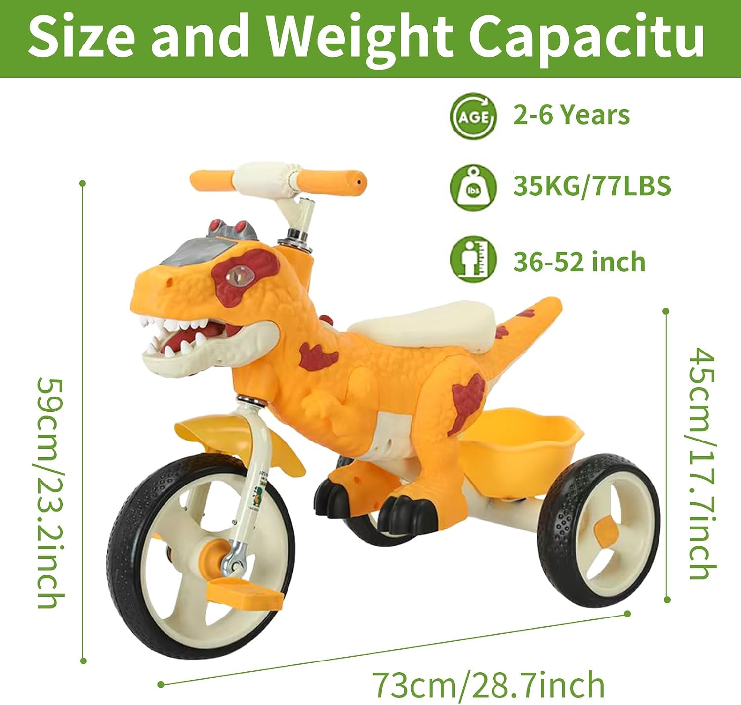 Dinosaur Kids Tricycle for Rider, Toddlers 2-6 Years - Trike Bike with Music, LED Lights, Storage Basket & Rubber Wheels | Indoor/Outdoor Big Wheels Bike Gift for Boys & Girls (Yellow) - Image 3
