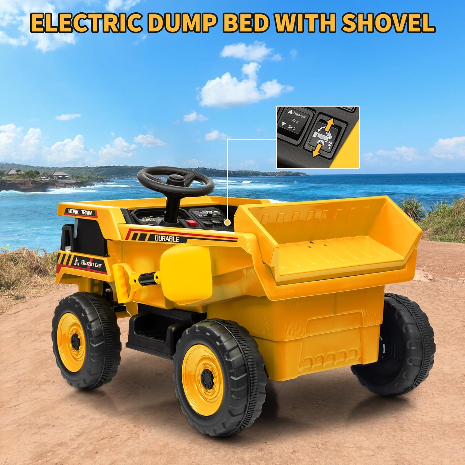 12V Ride On Dump Truck for Kids Electric Ride On Car Toy Toddlers 4 Wheeler Construction Vehicles with Remote Control, Dump Bed, Shovel, LED Lights, Music, for Kids 3-8, Yellow - Image 4