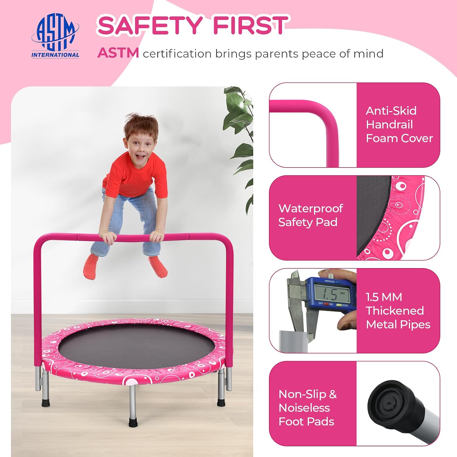 KOTEK 36 Inch Toddler Trampoline, Foldable Mini Recreational Trampoline with Handle & Safety Padded Cover, ASTM Approved Small Baby Trampoline, Indoor Trampoline for Kids, Max Load 330 Lbs - Image 5