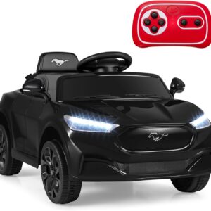 Costzon Ride on Car, 12V Licensed Ford Mach E Kids Electric Vehicle with Parent Remote, LED Lights, Horn, Music, Wireless Connection & Spring Suspension, Kids Car Toy for Girls Boys (Deep Black)