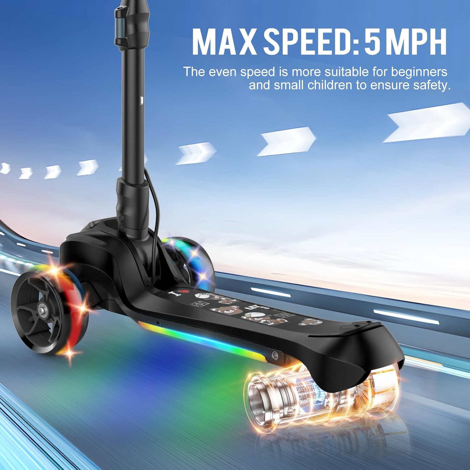 Electric Scooter for Kids Ages 3-8, 3 Wheels Electric Scooter, Electric Kick Scooter with 2 Speeds, Long Battery Life, Flashing LED Wheels, Adjustable Height, B2 with Bluetooth Music for Boys/Girls - Image 2