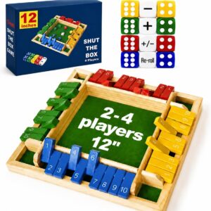 Shut The Box Dice Game 12 Inch Upgraded 2-4 Player Wooden Dice Game Math Addition Games Close The Box Family Wooden Dice Board Game for Kids Adults, Tabletop Version for Classroom, Home, Party or Bar
