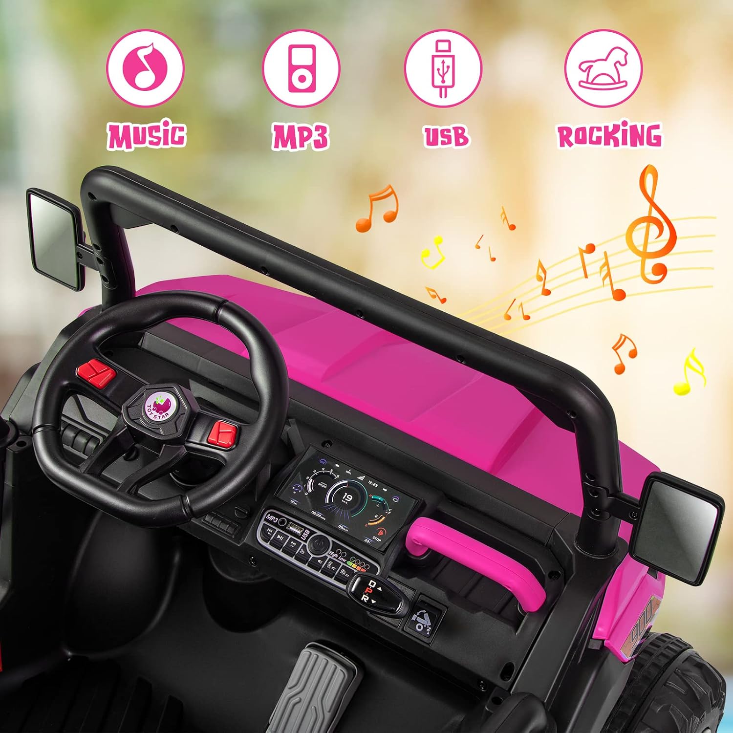 OLAKIDS 2 Seater Ride On Car, 12V Off-Road UTV Electric Vehicle with Remote Control, Dump Bed, Extra Shovel, Music, USB, AUX, Rocking Function, Kids Toddlers Battery Powered Truck (Rose) - Image 5