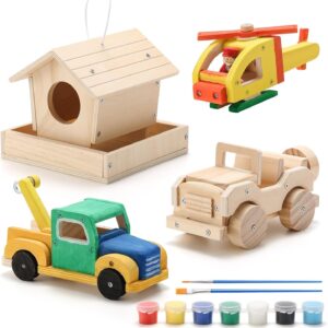 SainSmart Jr. Woodworking Building Kits for Kids with Birdhouse, 4-in-1 Kids STEM Projects Set, DIY Wood Crafts Assembly Toys with Paints & Brushes for Boys and Girls