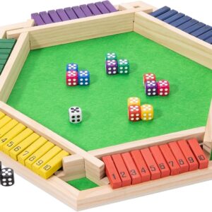 Shut The Box Game Large for 6 Players, 15 inch Wooden Board Table Math Game with 16 Dice and Instructions, Classics Close The Box Board Game
