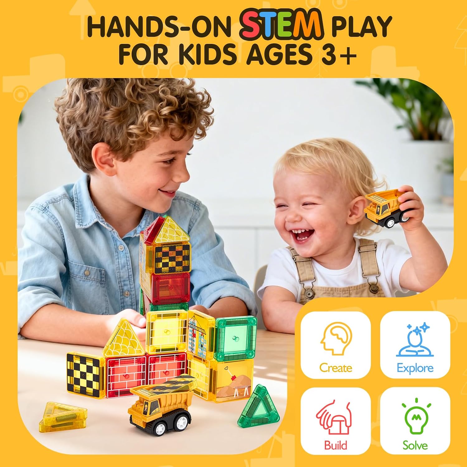 hahaland Mini Magnetic Tiles Travel Road Construction Toys Magnetic Building Blocks with Engineering Vehicles Trucks Case 2-in-1 Road-Themed Box Montessori Birthday for 3-6 Year Old Toddler - Image 7