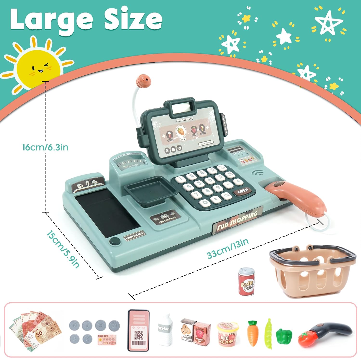 Kids Cash Register Toy with Sound Scanner - Pretend Play Shopping Set Include Food, Shopping Basket, Play Money & Credit Card, Ideal Gift for Boys Girls Ages 3-8 - Image 2