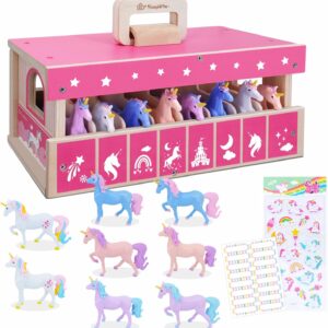 SIMPLIPLAY Unicorn Wooden Stable Playset, Portable Horses Toys Set with 8 Adorable Unicrons, 2 Stickers, Horse Stable with Metal Door Lock, Creativity Horse Gifts for Girls Boys Kids Unicorn Lovers