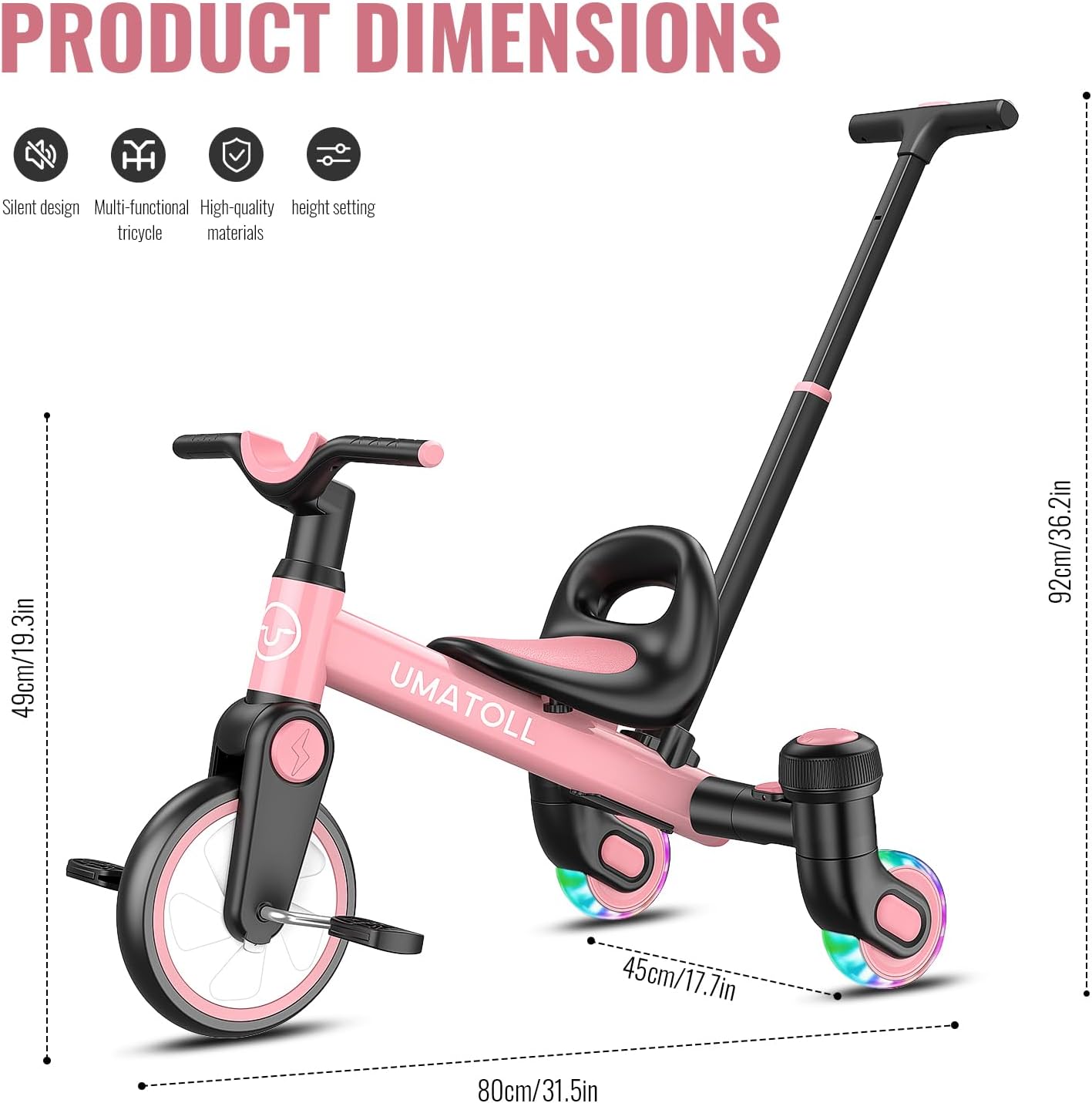 Umatoll 3-in-1 Toddler Tricycle for 18 Months to 5 Year Old, Toddler Toy with Adjustable Push Handle, Gift for Boy Girl Age 2-4, 360° Light-Up Drift Wheels (Pink) - Image 6
