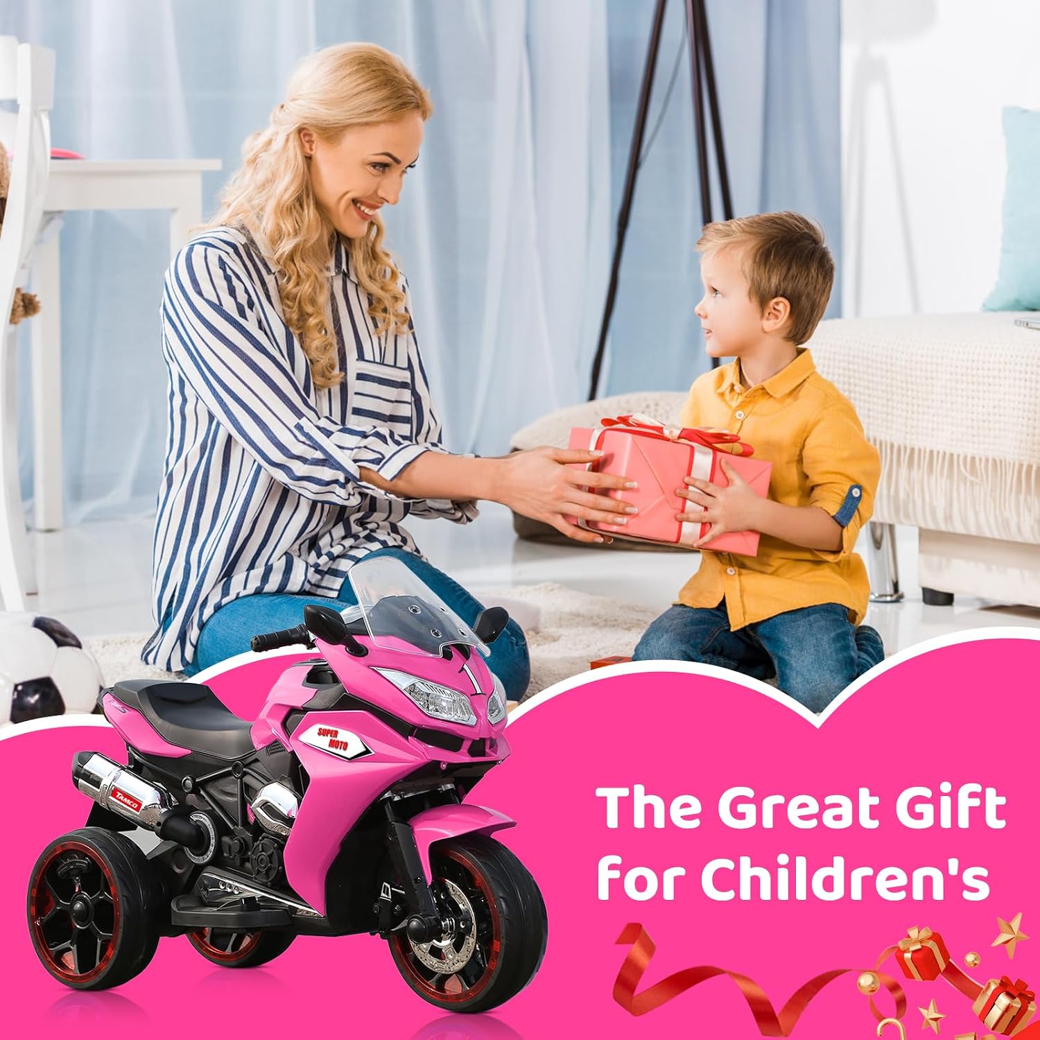 12V Kids Ride On Motorcycle with Light-Up Wheels, Pink | Plastic body, music, horn, LED headlight, forward/backward, 66 lb capacity, 41.3"L x 19"W x 30"H, ages 3-6 - Image 6