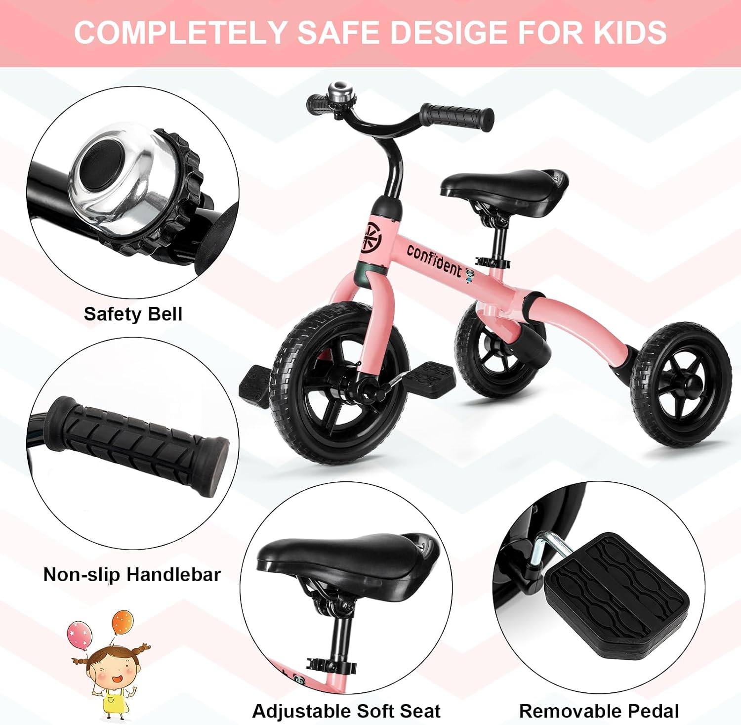 XPIY Tricycle for Toddlers Age 2 to 4 Years Old, 3 in 1 Folding Toddler Bike for Boys and Girls, Kids' Bike Trike with Detachable Pedal and Adjustable Seat Light Pink - Image 3
