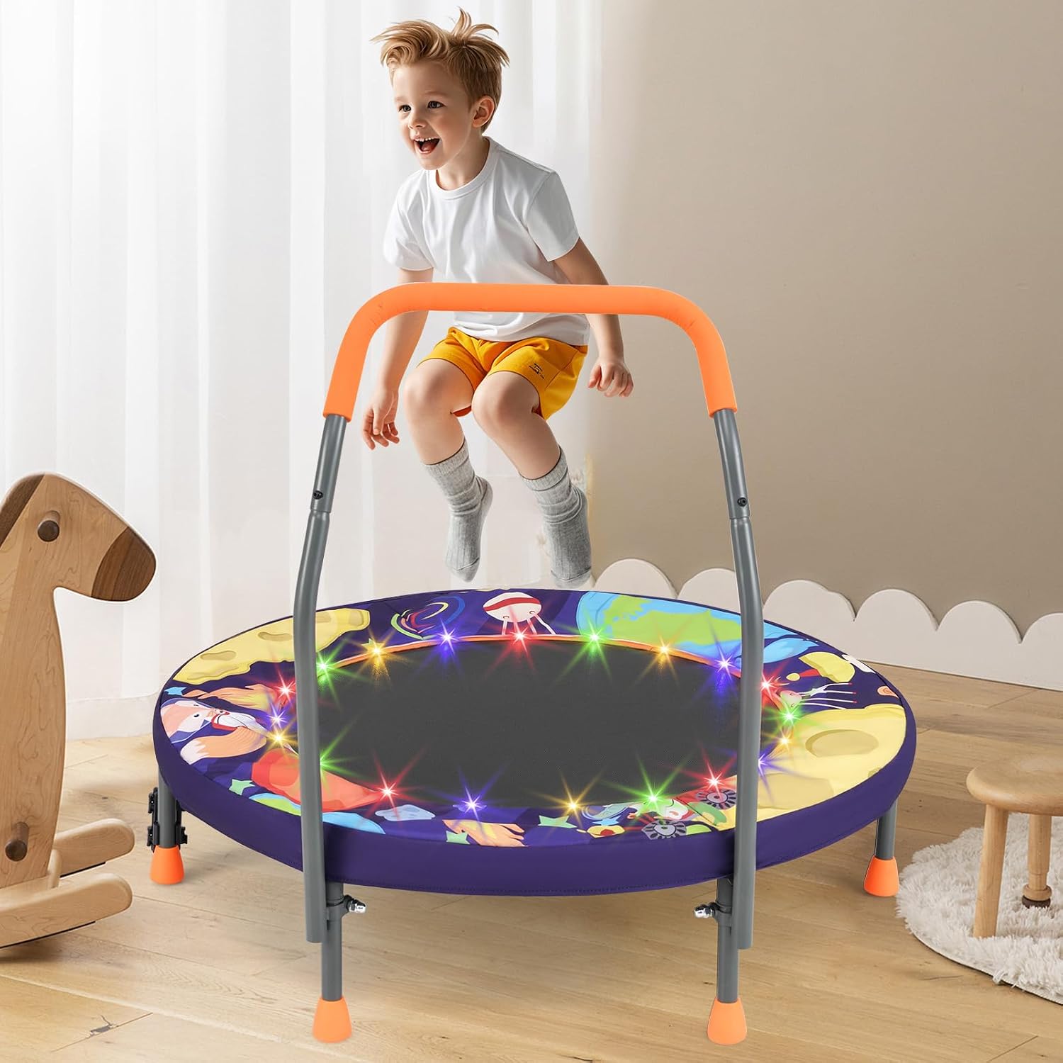 Goplus Foldable Toddler Trampoline for Kids, 36'' Recreational Mini Trampoline w/20 LED Lights, Foam Handle, Padded Safety Cover, Indoor Outdoor Exercise Rebounder for Boys Girls Aged 3-6 - Image 8