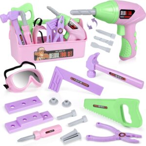 Kids Tool Set – Toddler Tool Playset with Toy Drill, Toy Tool Box, Construction Tools – Pretend Play Toddler Girl Toys Gifts for Toddlers Kids Aged 3 4 5 6 (Pink Tools)