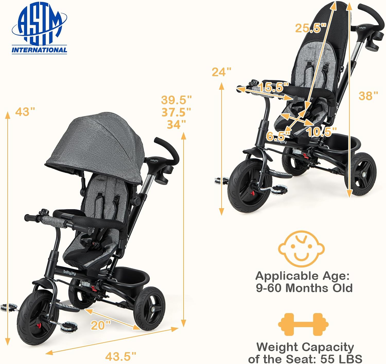 BABY JOY Tricycle, 6 in 1 Trike for Toddler w/Reversible Seat, Adjustable Canopy & Parent Handle, 5-Point Safety Belt, PU Wheels and Storage Basket, Push Tricycle for 9-60 Months (Gray) - Image 8