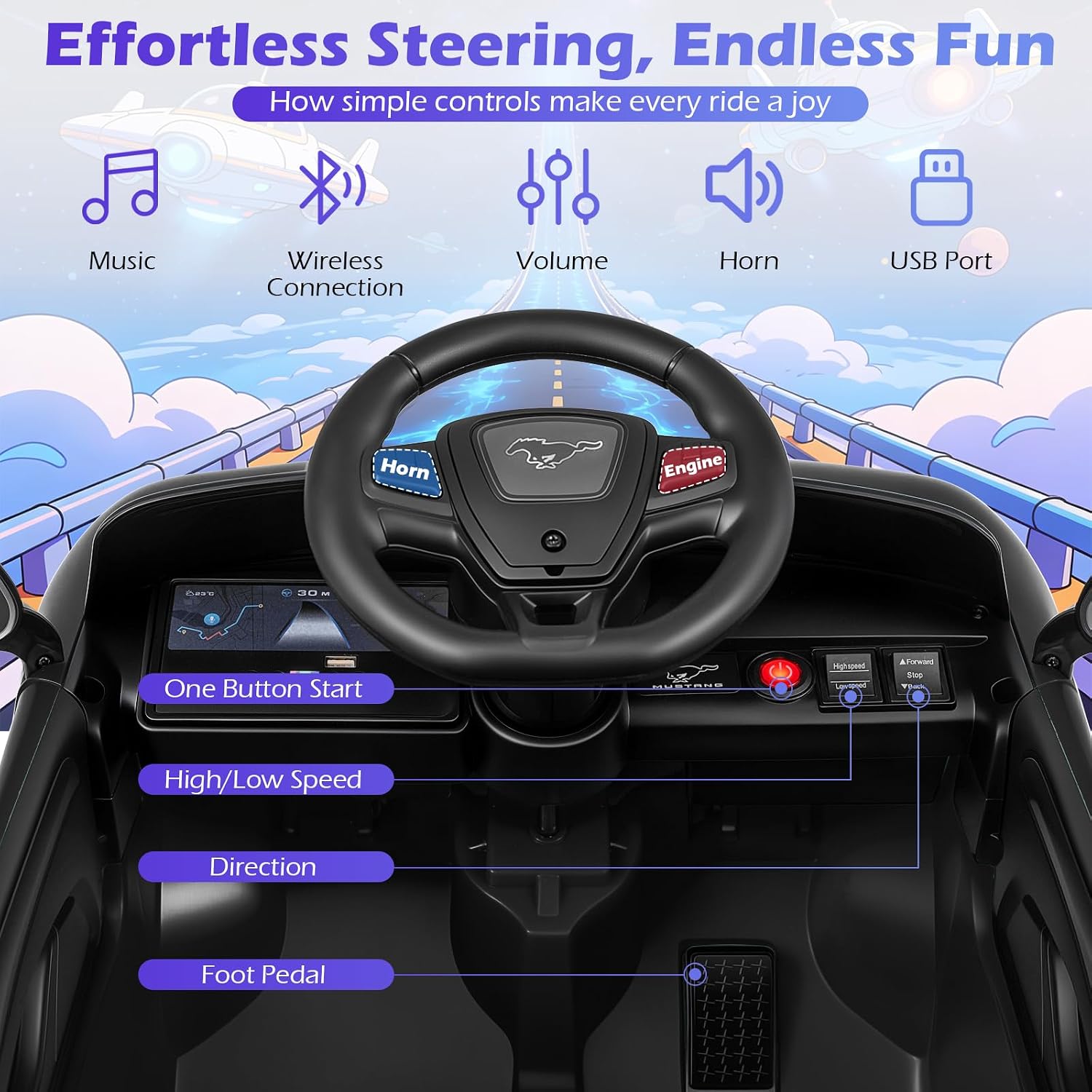 Costzon Ride on Car, 12V Licensed Ford Mach E Kids Electric Vehicle with Parent Remote, LED Lights, Horn, Music, Wireless Connection & Spring Suspension, Kids Car Toy for Girls Boys (Deep Black) - Image 4