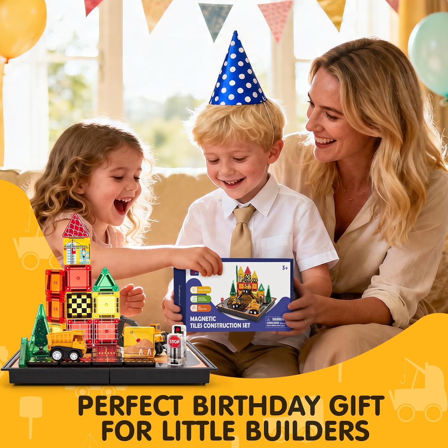 hahaland Mini Magnetic Tiles Travel Road Construction Toys Magnetic Building Blocks with Engineering Vehicles Trucks Case 2-in-1 Road-Themed Box Montessori Birthday for 3-6 Year Old Toddler - Image 9