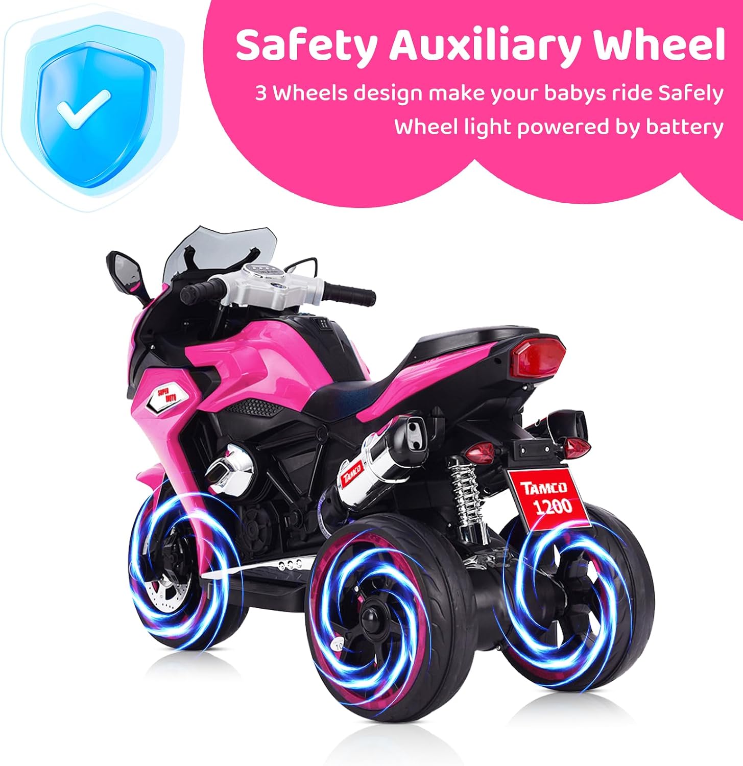 12V Kids Ride On Motorcycle with Light-Up Wheels, Pink | Plastic body, music, horn, LED headlight, forward/backward, 66 lb capacity, 41.3"L x 19"W x 30"H, ages 3-6 - Image 3