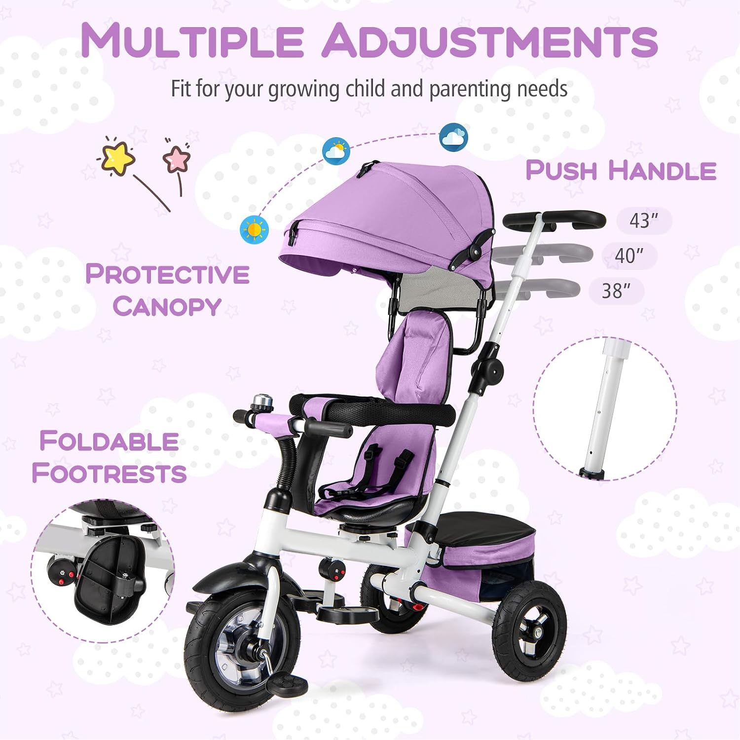 Costzon Tricycle, 5 in 1 Toddler Bike w/Foldable Push Handle, Rotatable Seat, EVA Wheel, Adjustable Canopy, Storage Basket & Bell, Trike for Kids 1-5 Years Old (Pink) - Image 6