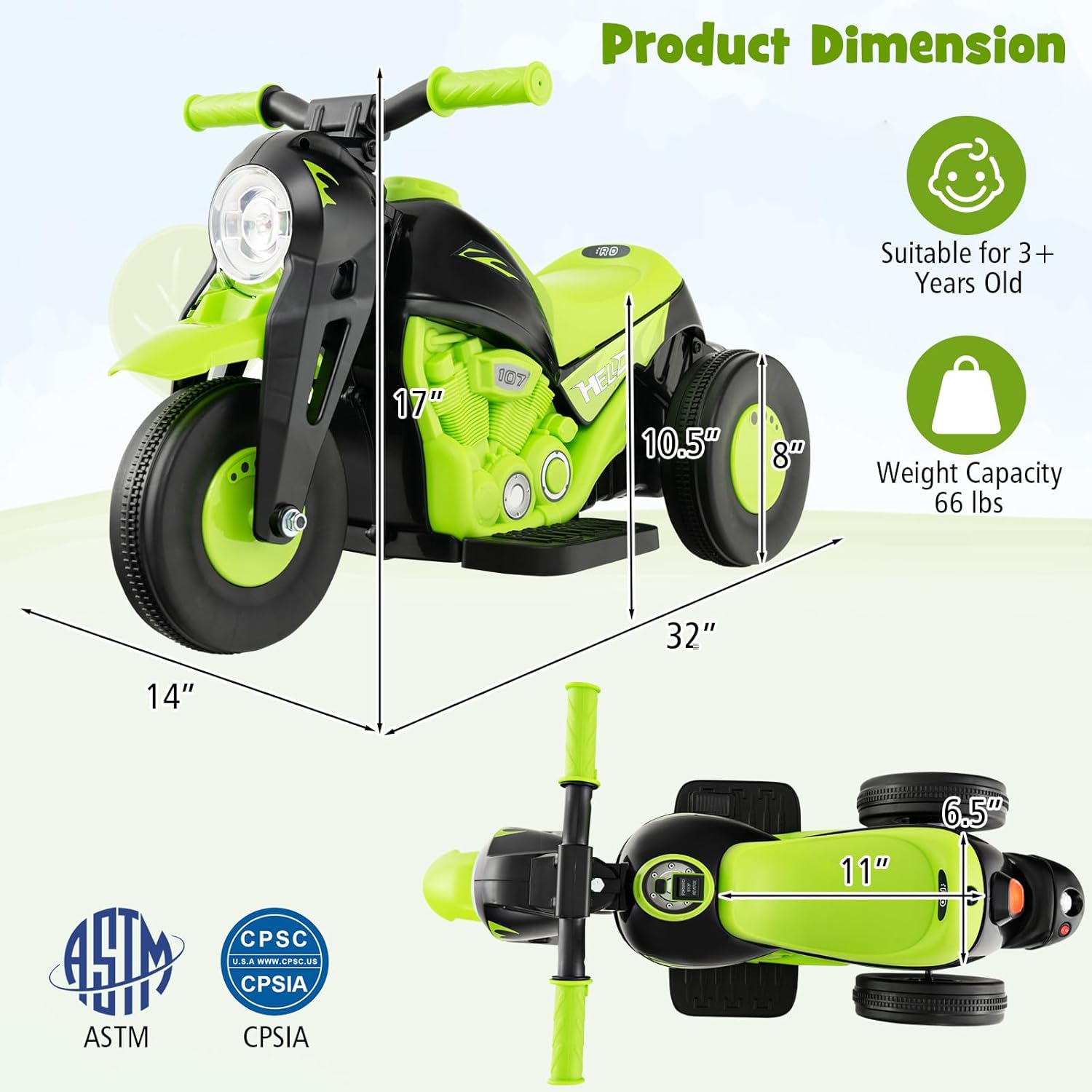 Costzon Kids Motorcycle, 6V Battery Powered Ride on Motorcycle with Bubble Maker, Music, LED Headlight, Forward & Backward, 3 Wheels Electric Motorcycle for Kids, Gift for Boys & Girls (Green) - Image 6