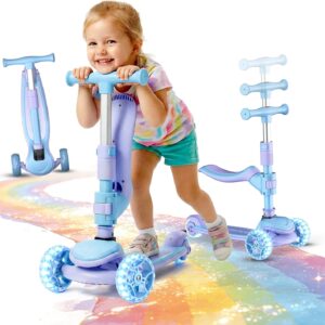 YING LU 2-in-1 Kids Scooter, 3-Wheel LED Light Up Scooters for Kids 3-8, Adjustable Height Handlebar & Removable Seat, Lean-to-Steer Toddler Scooter with Rear Foot Brake (Purple)