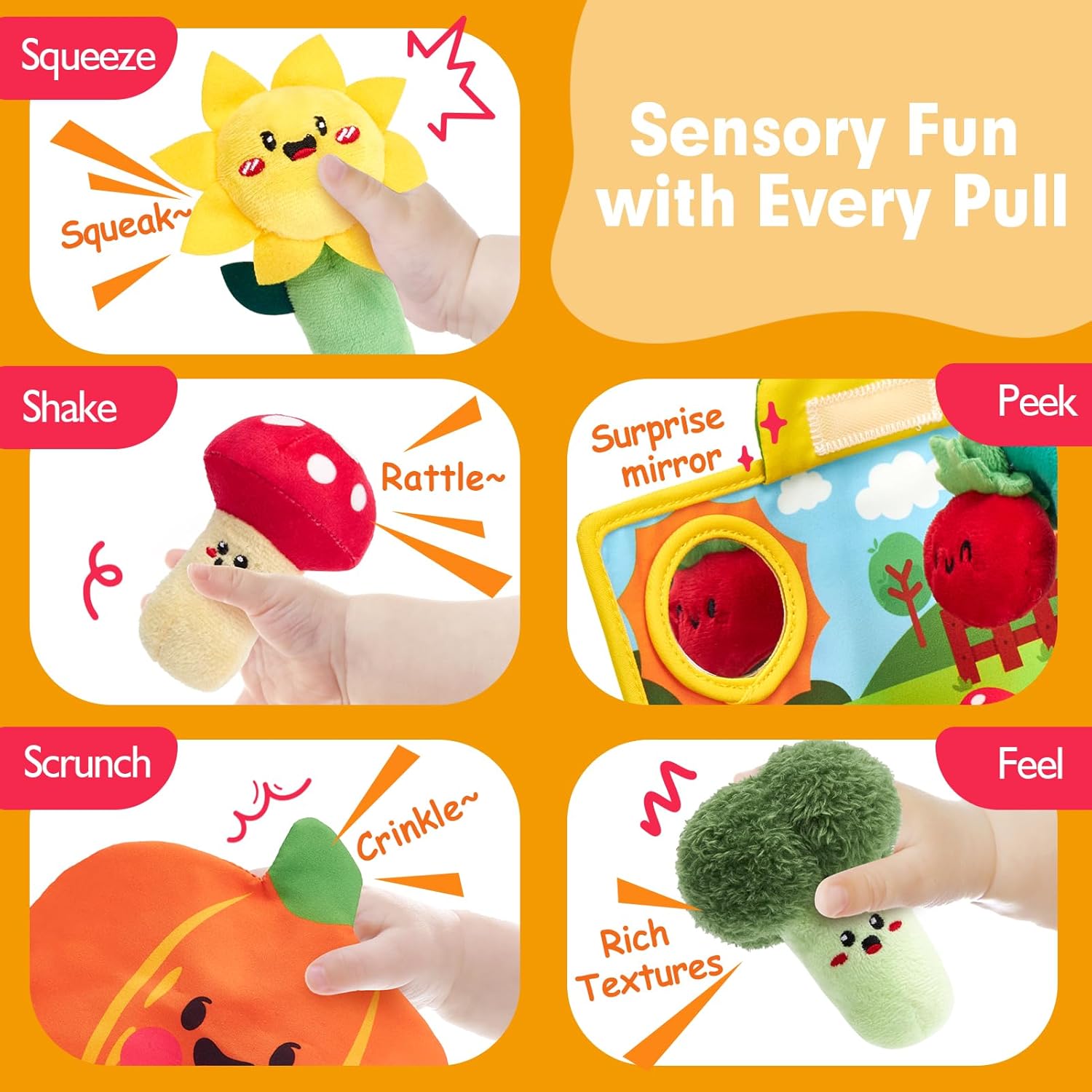 hahaland Baby Toys 6-12 Months - Fruits Vegetables Garden Plant Farm Plush | 6 Month Old Montessori Sensory Toys Carrot Flower with Rattles Mirror Squeaker Crinkle Tissues, 9 Month Old Gifts for Babies - Image 4