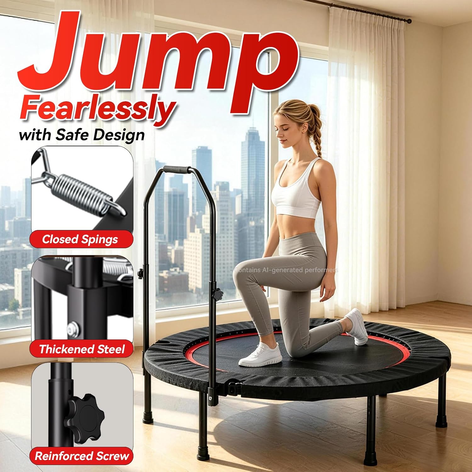 Trampoline, Portable Foldable Trampoline in-Home Mini Rebounder with Adjustable Handle, Exercise Trampoline for Adults, 40" Max Load 330lbs - Image 4