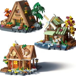 3 Mini Wooden Cabins Micro Building Blocks Toy Set, A-Frame House-Mountain Treehouse-Windfall Architecture Kit Not Compatible with Lego, Natural Construction Collection Gift for Adult, Teen(2000+PCS)