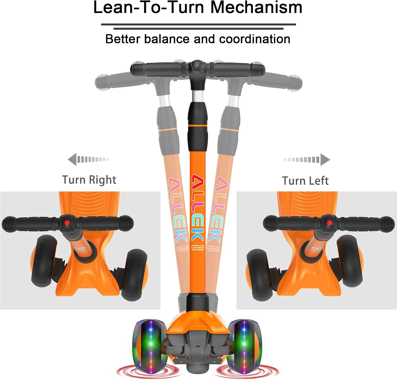 Allek Kick Scooter B03, Lean 'N Glide 3-Wheeled Push Scooter with Extra Wide PU Light-Up Wheels, Any Height Adjustable Handlebar and Strong Thick Deck for Children from 3-12yrs (Orange) - Image 5
