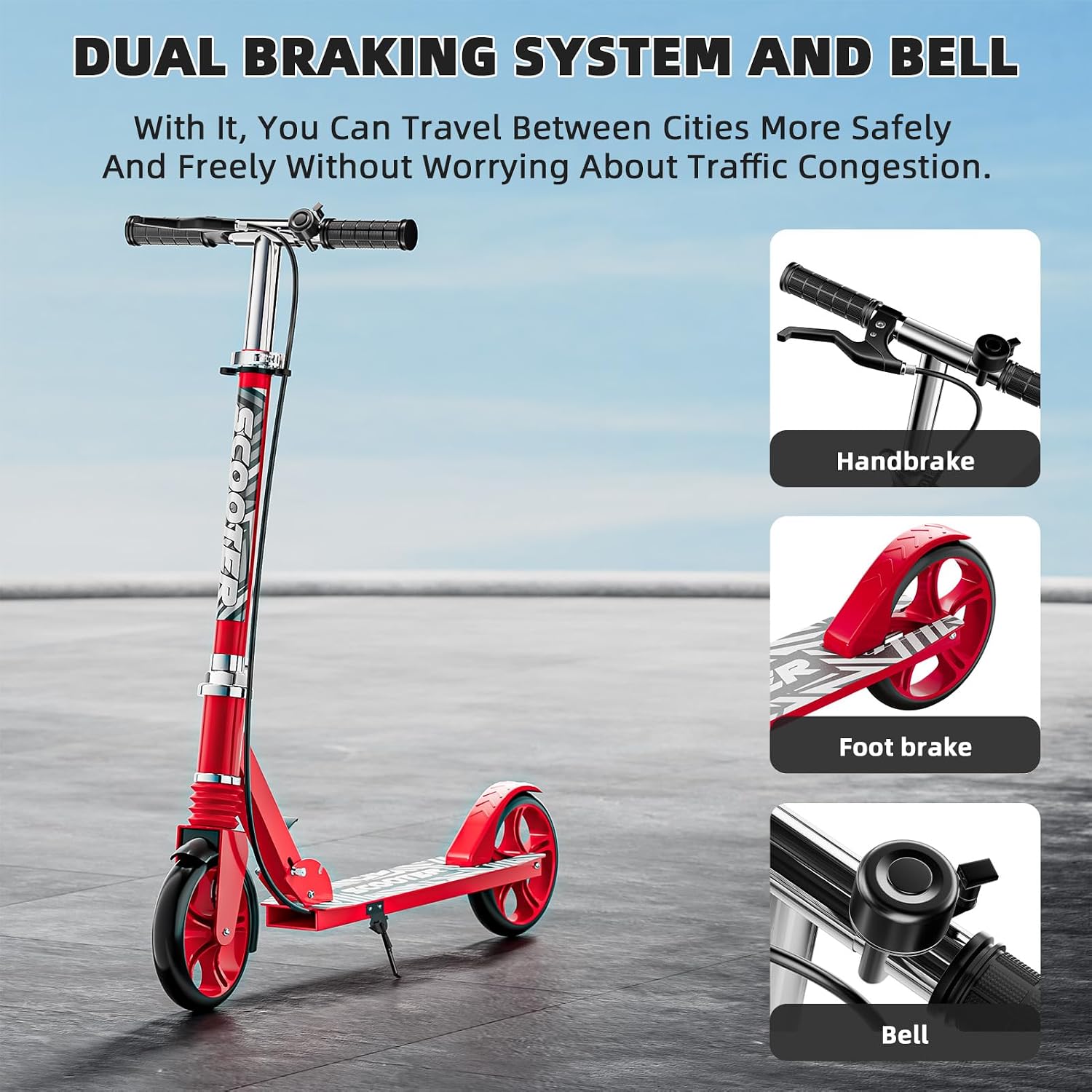 Scooters for Kids 8-12, Teens & Adults - Load 240 LBS, 8-Inch Wheels, Kick Scooter with Shock Absorption System, Hand Brake & Bell, 4 Adjustable Height Levels, Perfect for School, Commuting or Park - Image 2