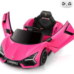 ELEMARA Licensed Lamborghini Car for Kids to Drive with Scissor Door,Toddler Ride on Toys with Remote Control,12V Battery Car for Kid with Bluetooth,MP3 Player,LED Light and Wide Seat, Hot Pink