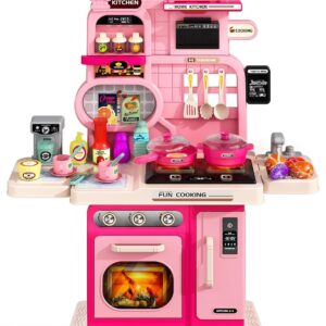 Kids Kitchen Playset, Toddler Play Kitchen Set Toys with Sound & Light, Cooking Stove, Play Sink, Play Food Kitchen Accessories, Pretend Kitchen Toy for Kids Toddlers Girls (Pink)