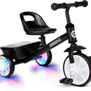 Bobike Toddler Tricycle for Ages 2-5 Years, Tricycle with 2 LED Light Wheels, Toddler Bike with 3-Position Seat and Rear Basket, Kids Bike Gift for Boys & Girl (Black)