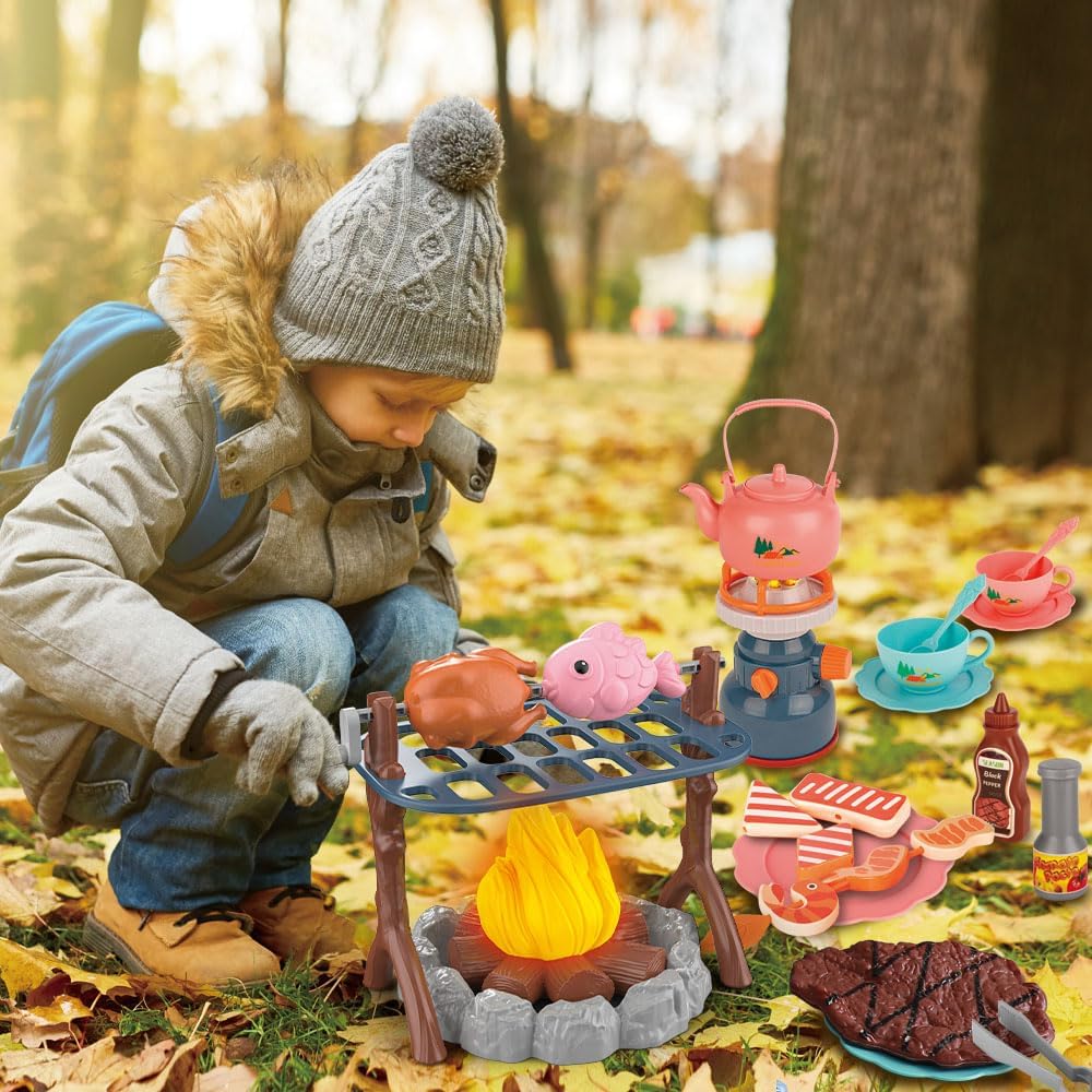 Pretend Play Campfire Toy Set with 45pcs Realistic BBQ Accessories,Fake Grill Foods,Tea Pots etc,Simulate Functional Lights&Sounds,Educational Outdoor Camping Toys Indoor&Outdoor for Kids Ages 3+ - Image 3