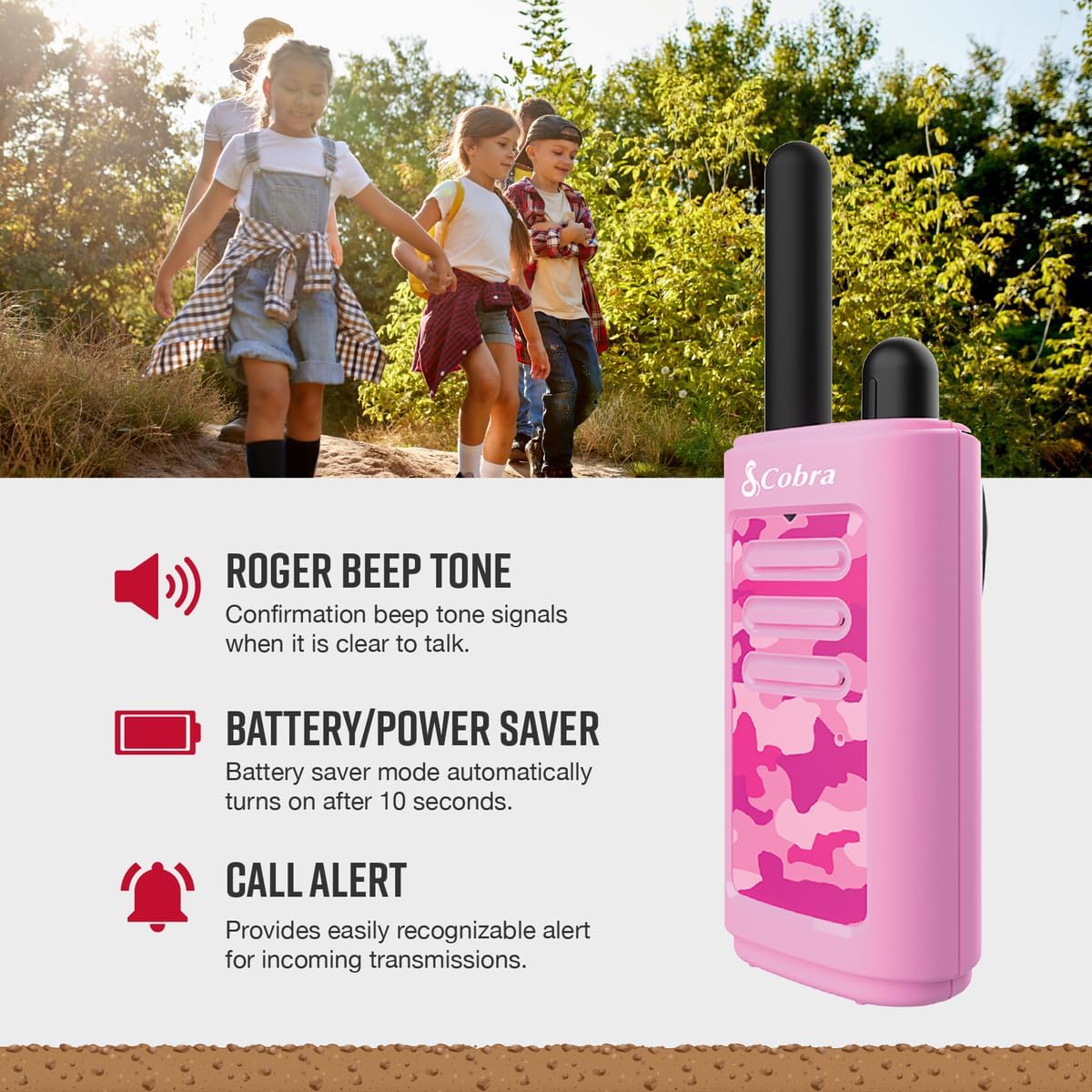 Cobra HE150 P - Kid Friendly Walkie Talkies - 16-Mile Range, 2 Channels Two-Way Radio Set, Pink, (2-Pack) - Image 4
