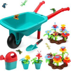 CUTE STONE Kids Gardening Tool Set, Garden Toys with Wheelbarrow, Watering Can, Shovel, Flower Garden Building Toy, Pretend Play Outdoor Indoor Activities Stem Toy Gifts for Boys Girls