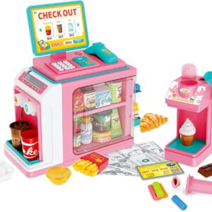 FS Kids Pretend Play Store Set with Toy Cash Register for Kids, 45 Piece Accessories Grocery Store Playset with Scanner, Food & Play Money & Ice Cream Maker for 3+ Kids 5-8 Girls, Pink