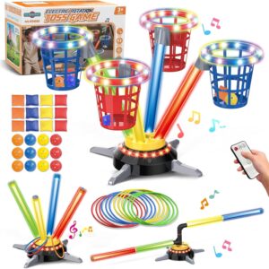 TERRAMUS 3 in 1 Bean Bag Ring Toss Game for Kids, Rechargeable Musical Jumping Games w/LED Light & Remote, Electric Spinning Base, Sandbags, Rings, Carnival Indoor Outdoor Sport Toy for 3+ Boys Girls