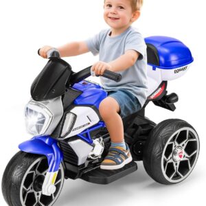 6V Kids Electric Motorcycle, 3-Wheel Battery Powered Ride On Toy for Toddler Ages 3-8, with LED Headlights, Bluetooth, Storage Box, Forward/Reverse Switch, Gift for Boys Girls, Blue