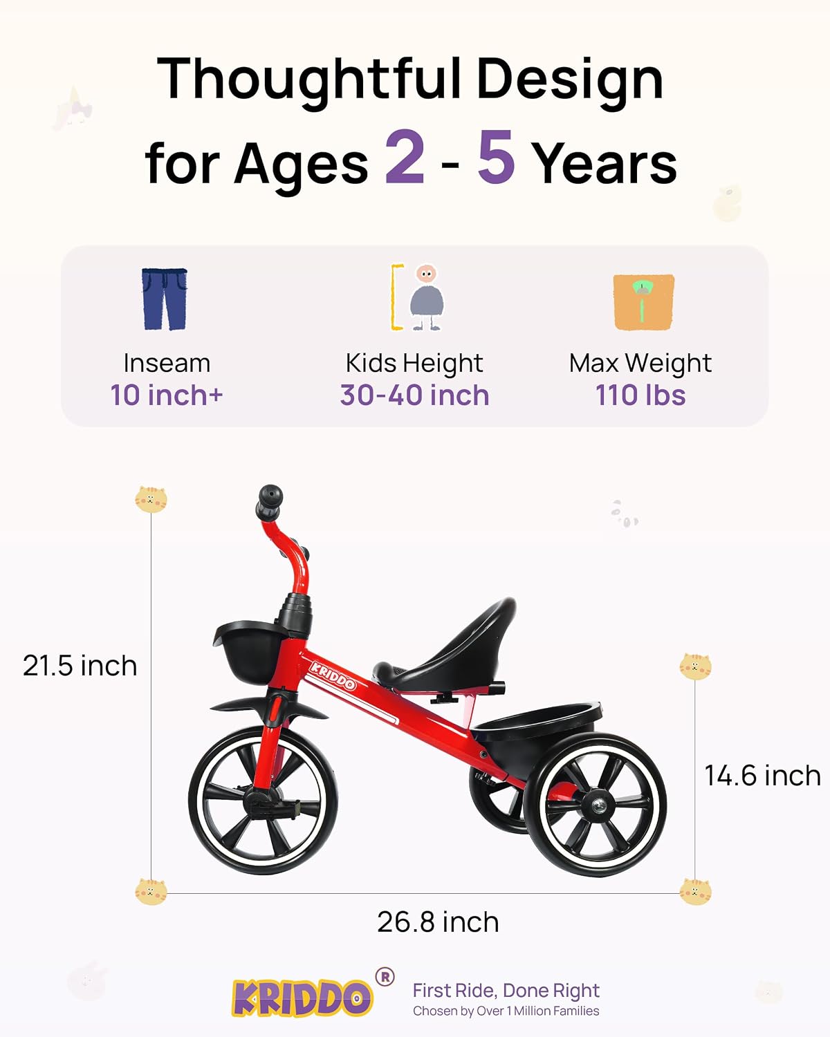 KRIDDO Kids Tricycles Age 24 Month to 4 Years, Trike for 2.5 to 5 Year Old, Gift Tricycles for 2-4 Year Olds, Trikes for Toddlers, Red - Image 3