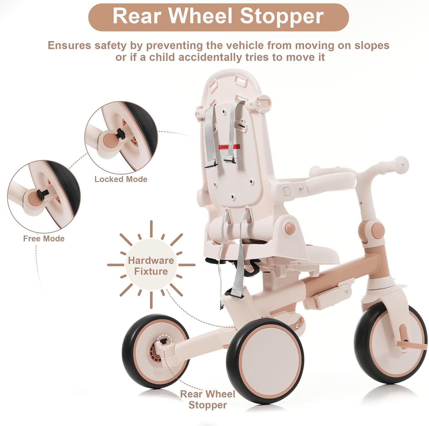 Baby Tricycle, 7-in-1 Foldable Kids Trike with Adjustable Parent Handle, Removable Canopy, Pedals & Guardrail, Kids Push Bike Stroller for 12-72 Months for Boys & Girls (Light Brown) - Image 7