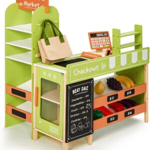 labebe Pretend Grocery Store Playset for Kids,Wooden Supermarket Toy Set with Cash Register,Play Food Accessories Store Set Suit Gift for Toddler Boys Girls