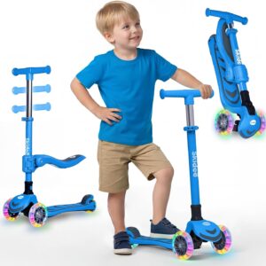 SKIDEE Kick Scooter for Kids Ages 3-5 | Foldable 3 Wheel Scooter with Lean-to-Steer, Adjustable Height, Removable Seat & LED Light Wheels | Toddler Scooter Up to 12 Year Old Boys/Girls