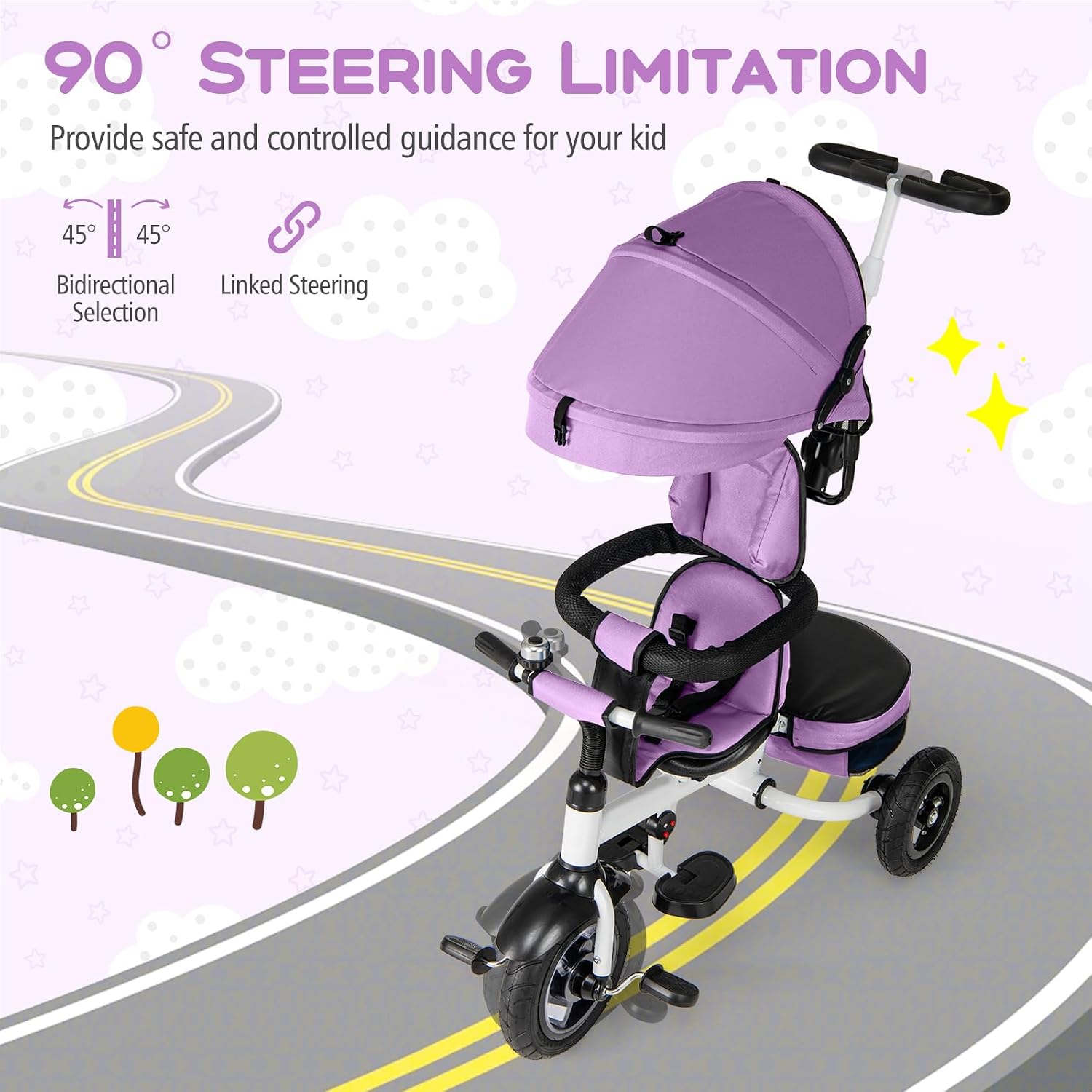 Costzon Tricycle, 5 in 1 Toddler Bike w/Foldable Push Handle, Rotatable Seat, EVA Wheel, Adjustable Canopy, Storage Basket & Bell, Trike for Kids 1-5 Years Old (Pink) - Image 5