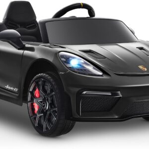 First Ride On Licensed Porsche 718 12V Electric Car for Kids, Ride on Toys for Toddler, Child Ride on Car w/Parent Remote, Led Lights, Openable Doors, MP3 Player, Smooth Start, 3 Speeds (Black)
