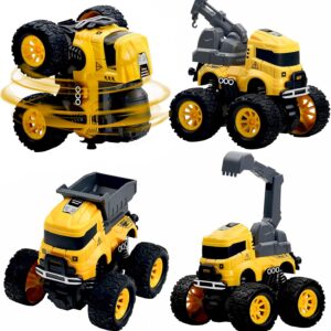 Construction Truck Toys for Boys – 4 Pack Excavator, Mixer, Crane, Dump Trucks Push and Go Friction Powered Cars Monster Trucks Toy for Kids Birthday Party Favors Gifts for 3+ Year Old Boys Girls