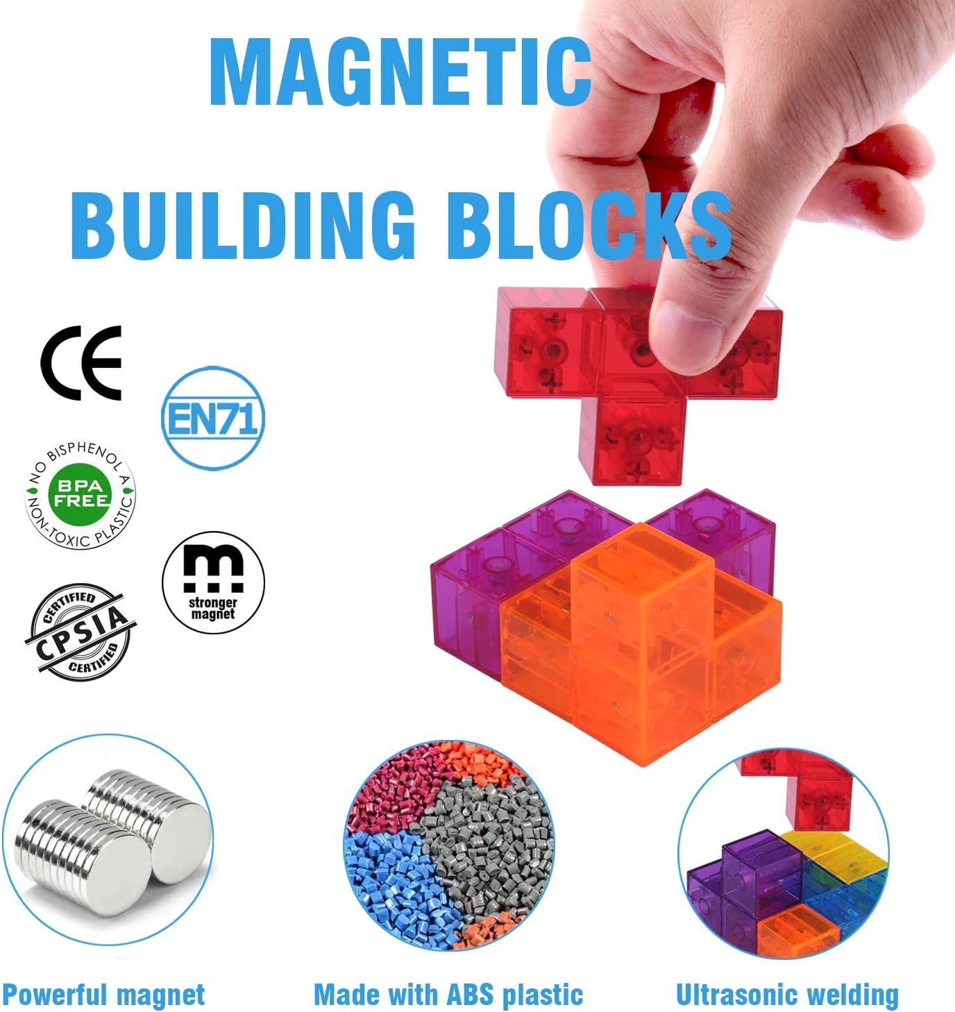 WorWoder Kids Magnetic Building Blocks Magic Magnetic 3D Puzzle Cubes, Set of 7 Multi Shapes Magnetic Blocks with 54 Guide Cards, Intelligence Developing and Stress Relief Fidget Toys for Kids (Blue) - Image 2