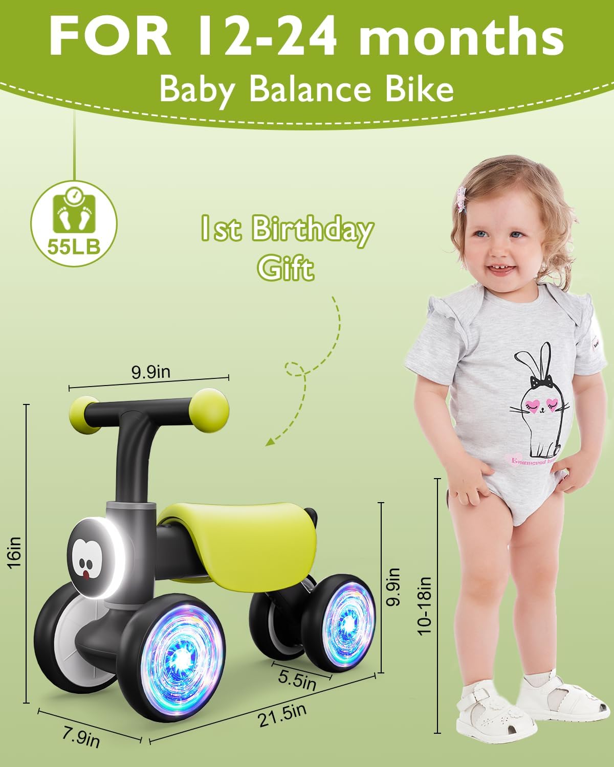 Colorful Glow Wheel Toddler Balance Bike,Baby Toys for 1 Year Old Boy Girls,12-24 Months Baby Balance Bike with Soft Music Cute Animal Sound,1st Birthday Gifts - Image 4